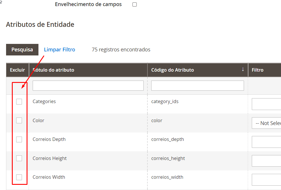 campos a serem excluídos